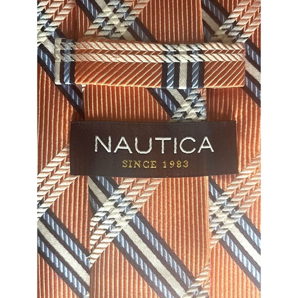 Nautica Silk Repp Tie Plaid Striped Orange Preppy Modern Career Wedding  3.25 - Picture 7 of 8